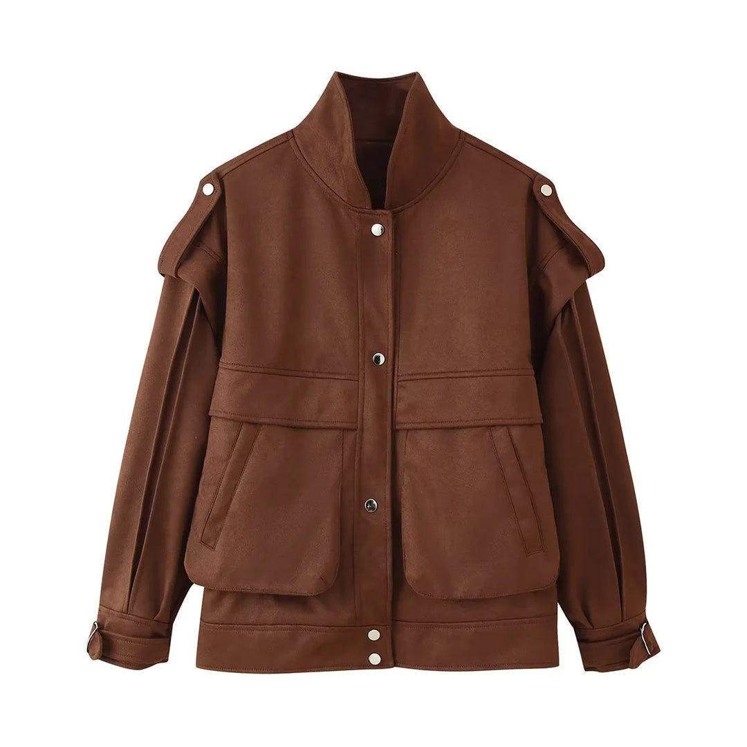 Damen nan Utility-Jacke aus Veloursimitat mit Stehkragen, Pattentaschen und verstellbaren Manschetten Drune