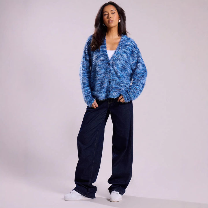 Damen Oversize-Flauschpullover mit weitem Carmen‑Ausschnitt und melierter Strickstruktur Drune