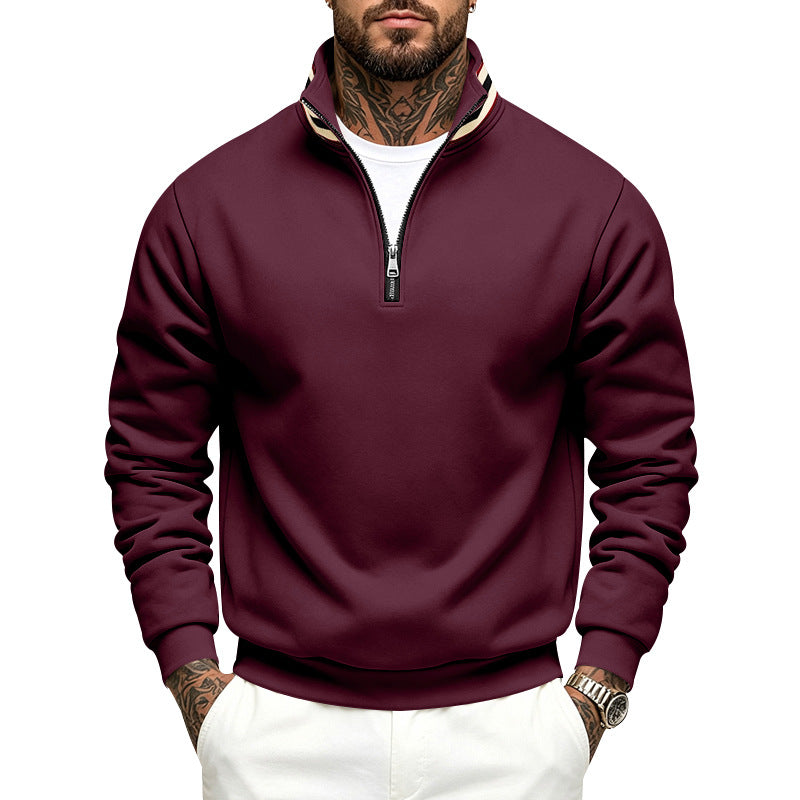 Herren Sweatpullover mit halbem Reißverschluss und gestreiftem Stehkragen Drune