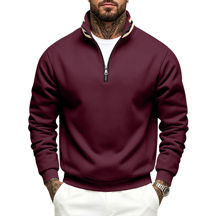 Herren Sweatpullover mit halbem Reißverschluss und gestreiftem Stehkragen Drune