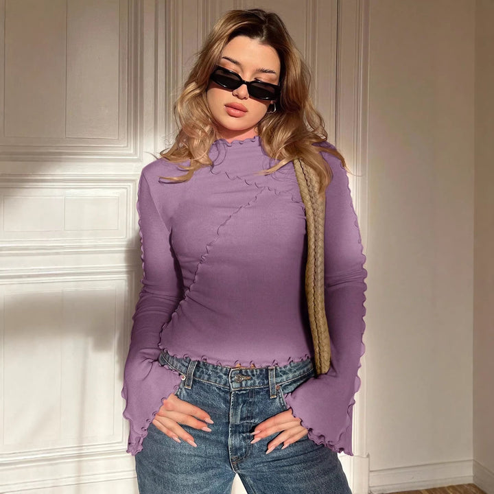 Damen Geripptes Langarmshirt mit Rüschen-Saum und Stehkragen Drune
