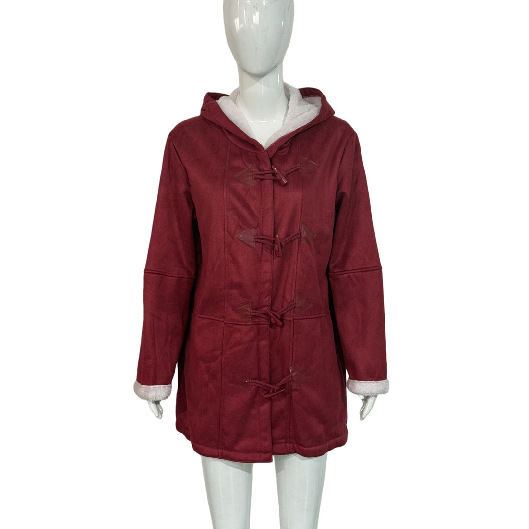 Damen Kapuzen-Dufflecoat mit Kunstfellbesatz und KnDruneelverschlüssen Drune