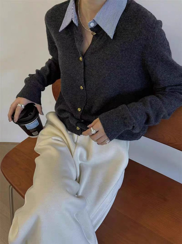 Damen Strickjacke mit kontrastierendem Kragen und eleganten Knopfdetails Drune