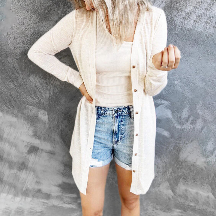 Damen Leichter Longcardigan mit Knopfleiste und geripptem Feinstrick Drune