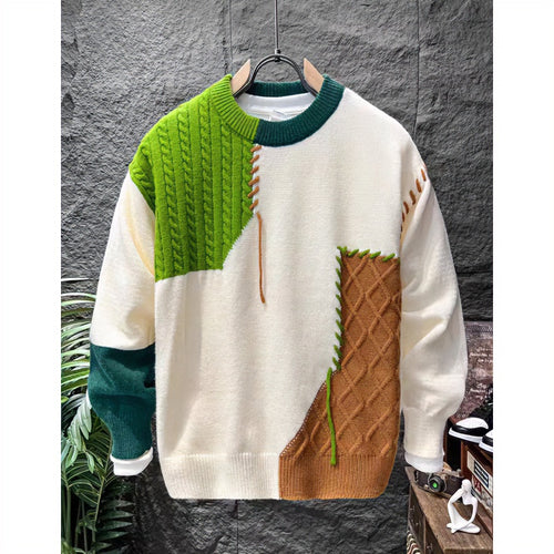 Unisex Patchwork-Oversize-Strickpullover mit Zopf- und Rautenmuster, dekorativen Kontrastnähten und Rundhalsausschnitt Drune