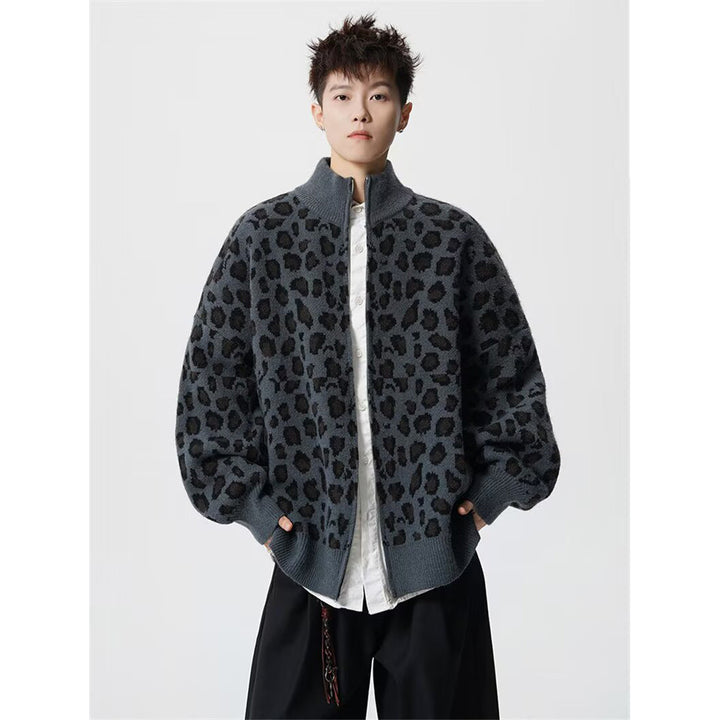 Herren Modische Strickjacke mit Leopardenmuster und hohem Kragen Drune
