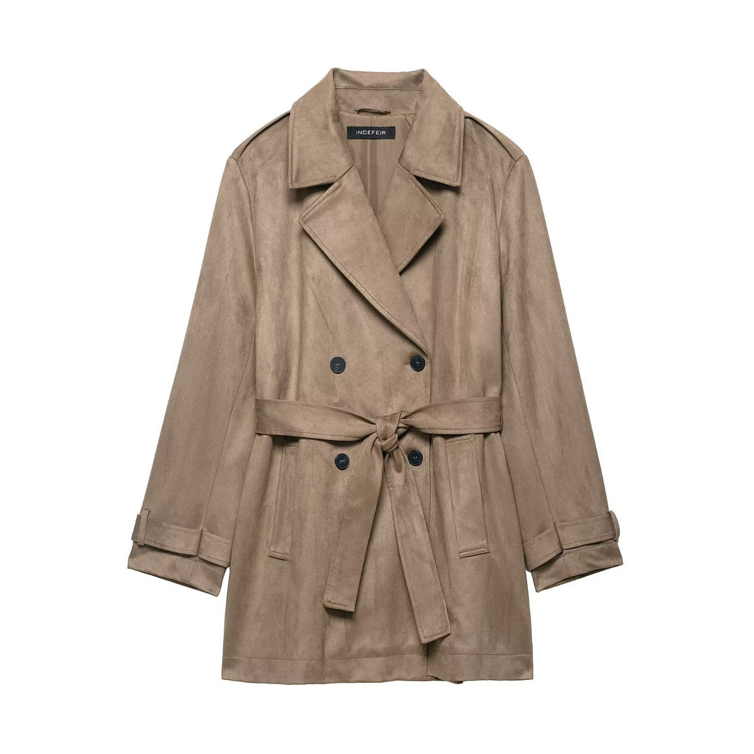 Damen Doppelreihiger Wildlederoptik-Trenchcoat mit Taillengürtel Drune