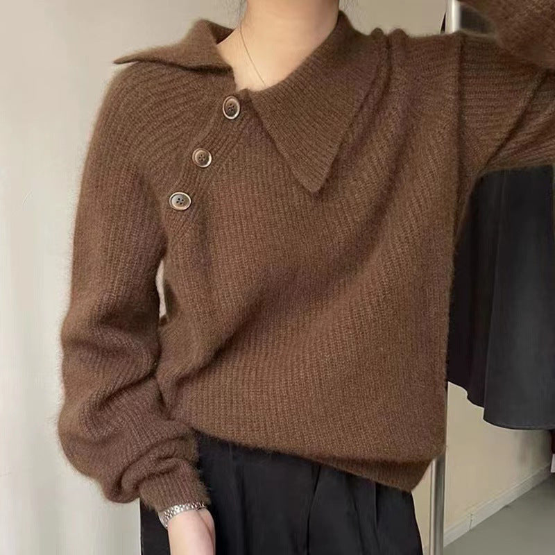Damen Strickpullover mit besonderem Kragen und Knopfdetails Drune