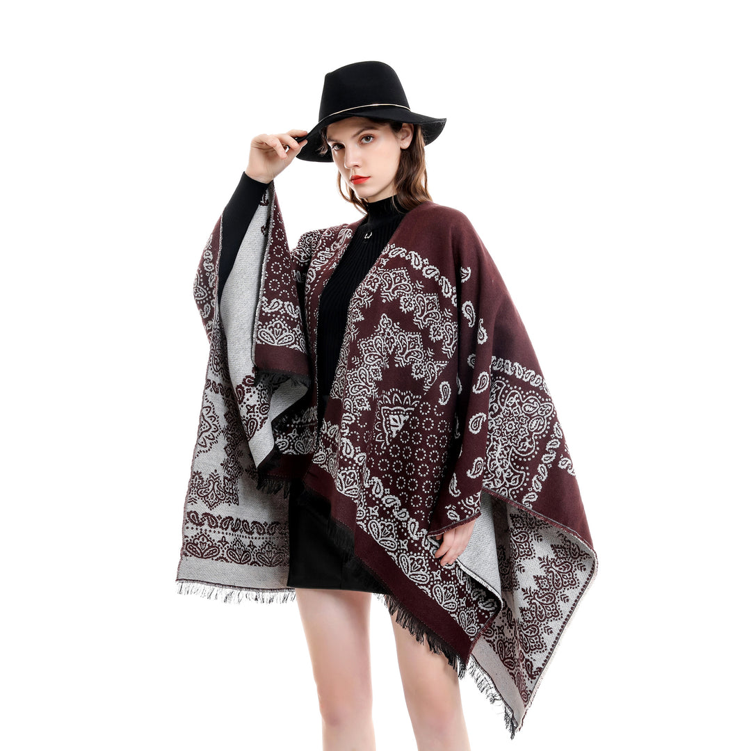 Damen Jacquard-Umhangponcho mit Paisley-Muster und Fransen Drune