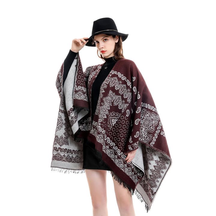 Damen Jacquard-Umhangponcho mit Paisley-Muster und Fransen Drune