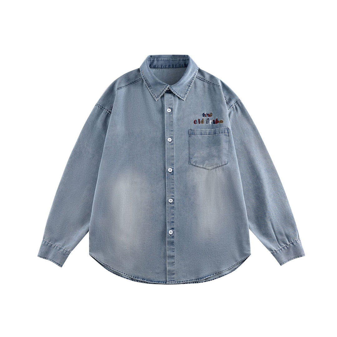 Unisex Oversize Denim-Hemdjacke mit gerundetem Saum und gesticktem Brustmotiv Drune