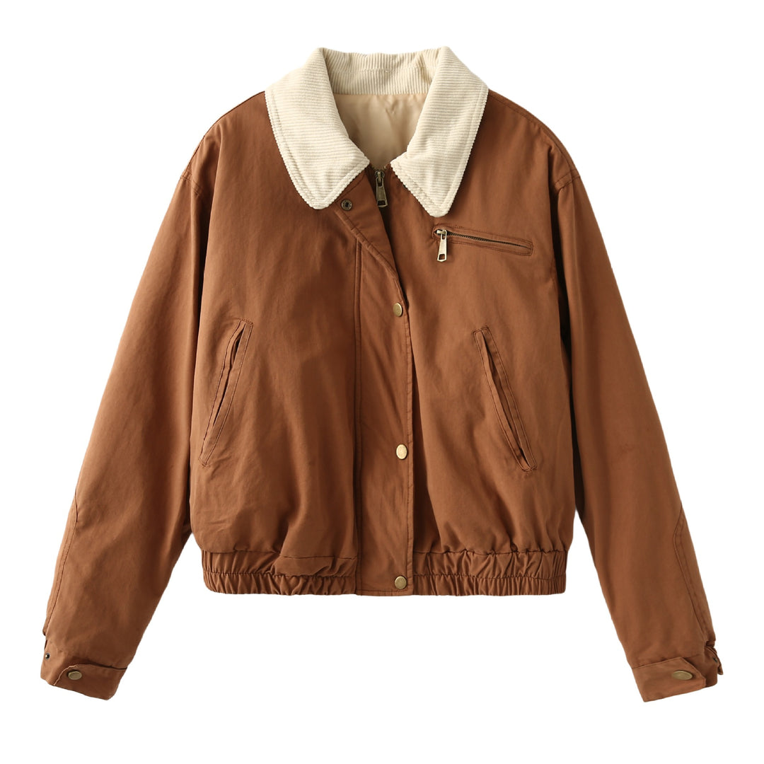 Damen nan Cropped-Bomberjacke mit Cordkragen, Brustreißverschluss und elastischem Tunnelzugsaum Drune
