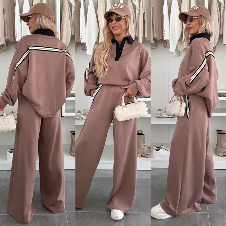 Damen modisches Relax-Set mit Polokragen, markanten Paspelstreifen und weitem Palazzo-Jogger Drune