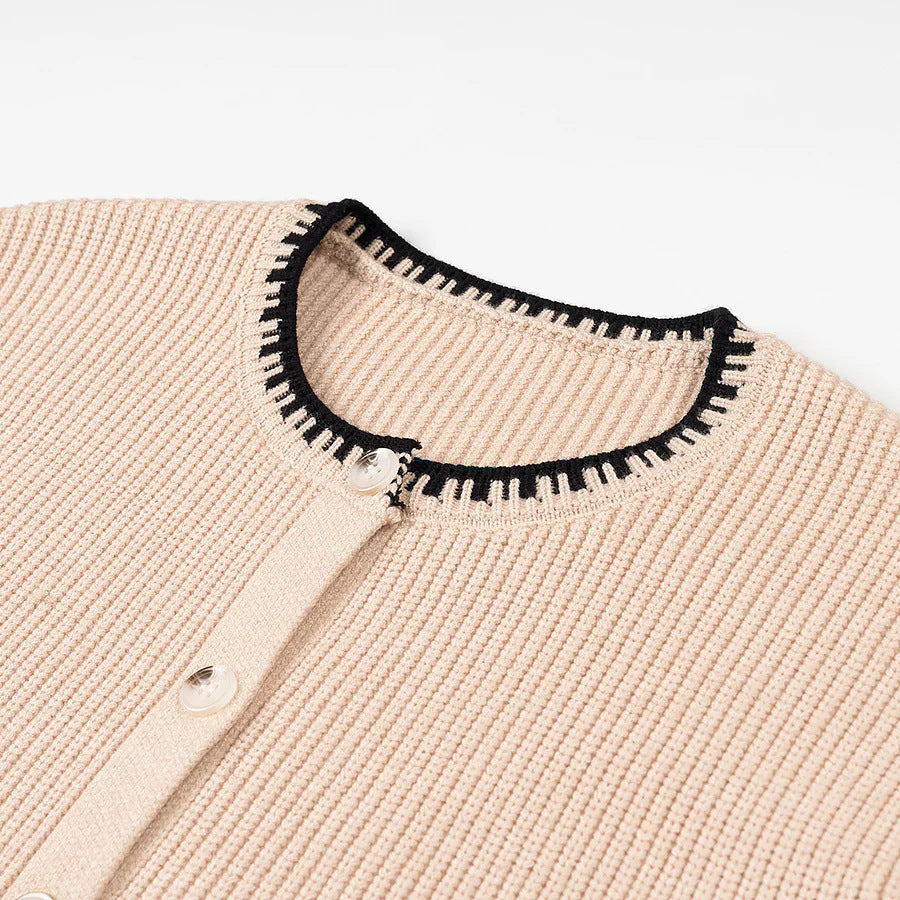 Damen nan gerippte Strickjacke mit Rundhals, kontrastierender Paspel und durchgehender Knopfleiste Drune
