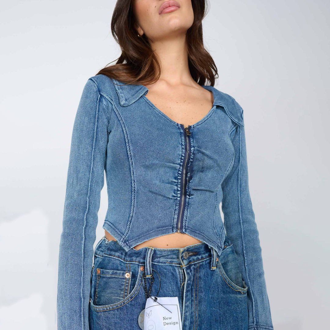 Damen tailliertes Jeansjacke mit Reißverschluss Drune