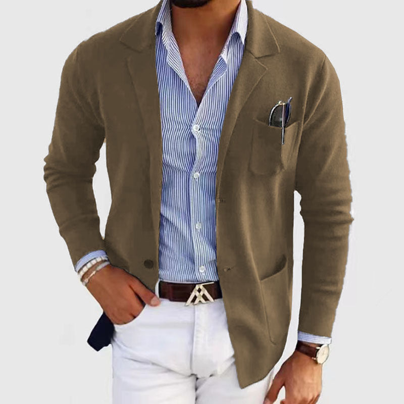 Herren lässiger Strickblazer im Sakko-Stil mit Brusttasche und aufgesetzten Taschen Drune