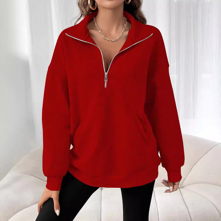 Damen Freizeitlicher Pullover mit kurzem Reißverschluss und Kängurutasche Drune