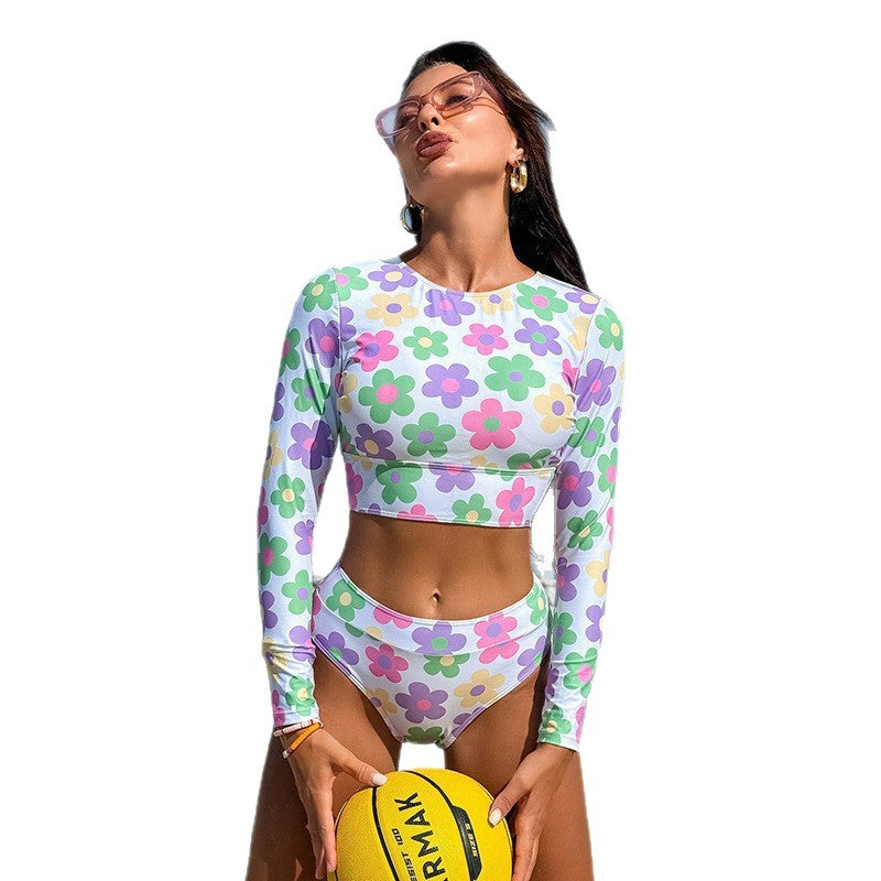 Damen Sport-Bikini mit Langarm und floralem Muster Drune