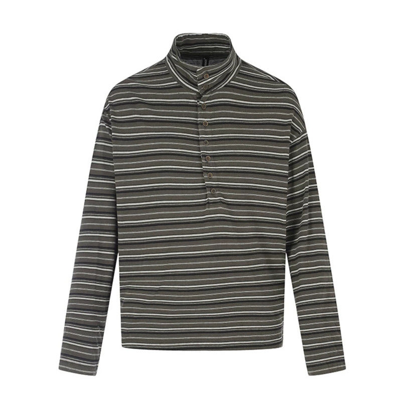 Herren Lässiges Henley-Langarmshirt mit Stehkragen und feinem Streifenmuster Drune