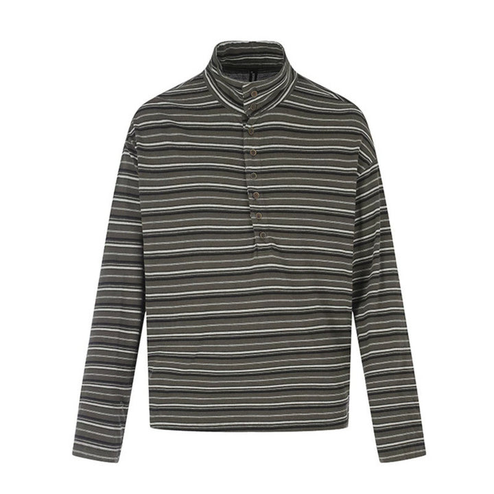 Herren Lässiges Henley-Langarmshirt mit Stehkragen und feinem Streifenmuster Drune