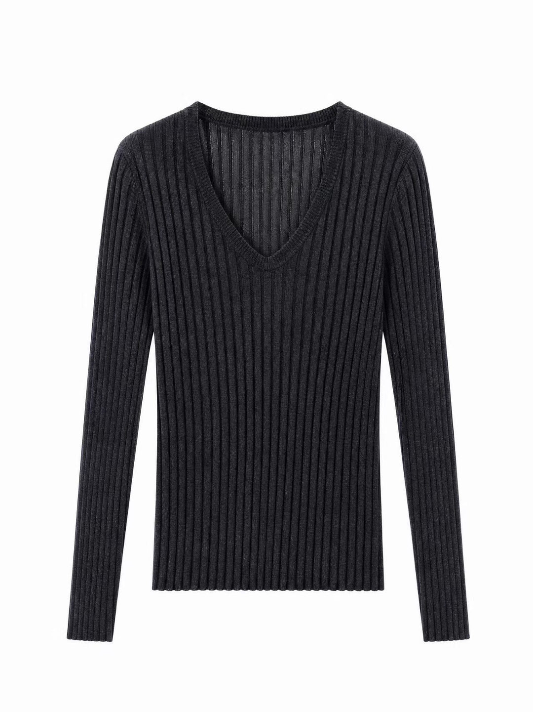 Damen Enges Feinstrick-Longsleeve mit tiefem V-Ausschnitt und breiter Rippenstruktur Drune