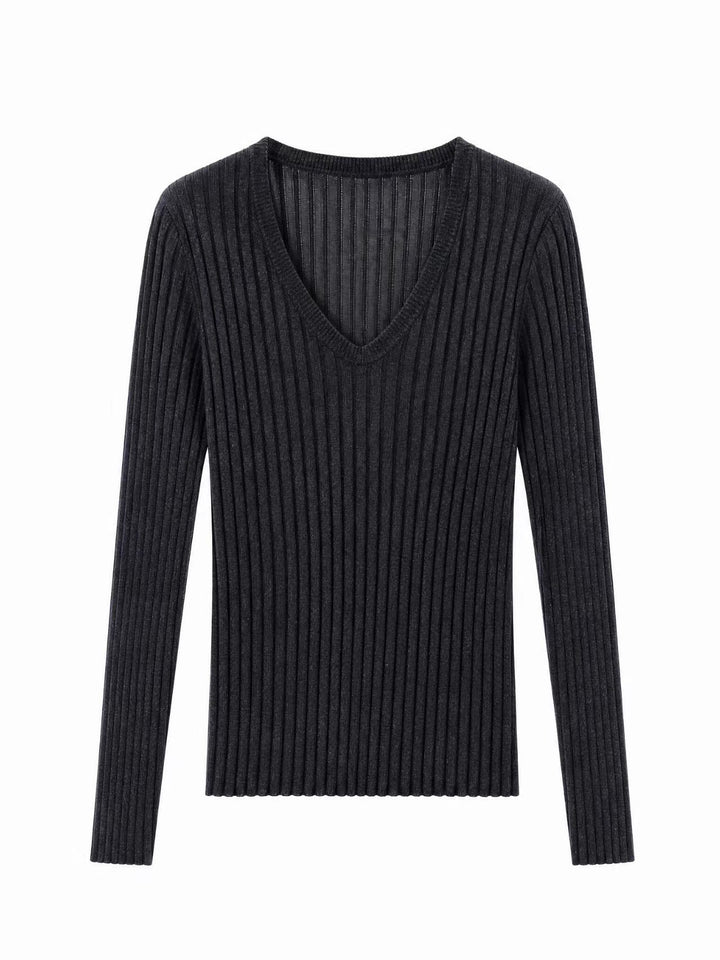 Damen Enges Feinstrick-Longsleeve mit tiefem V-Ausschnitt und breiter Rippenstruktur Drune