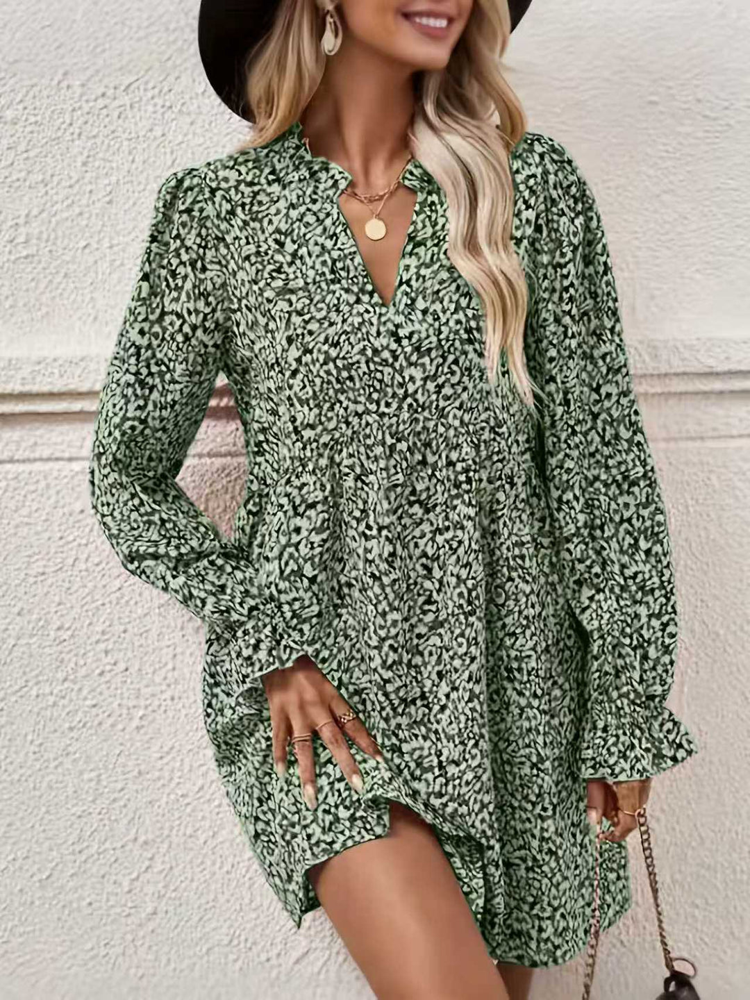 Damen Lockeres Chiffon-Minikleid mit V-Ausschnitt und Volantärmeln Drune