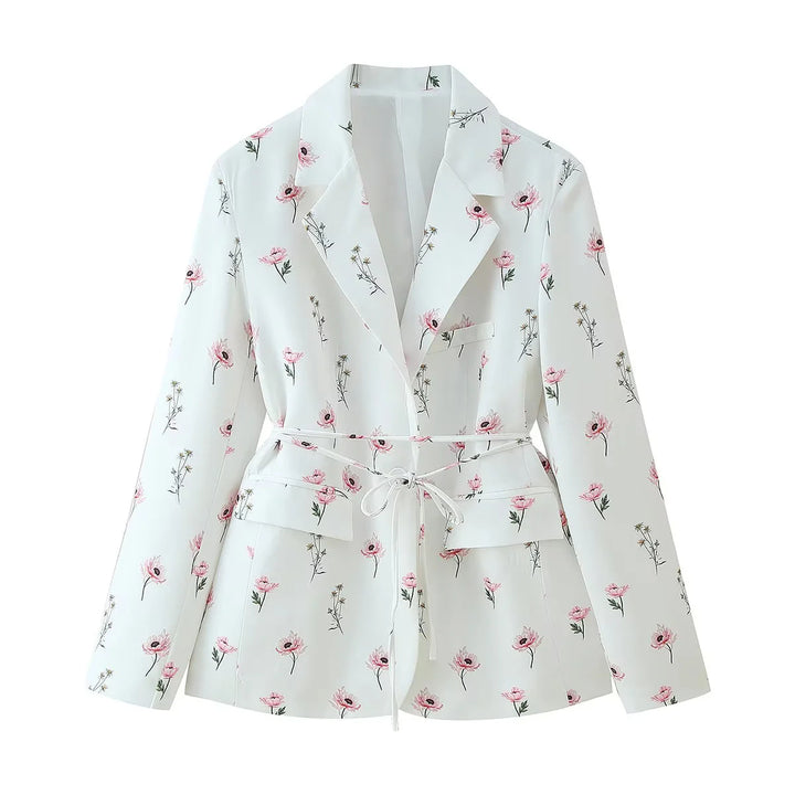 Damen nan floraler Blazerjacke mit Bindegürtel, Pattentaschen und Schalkragen Drune