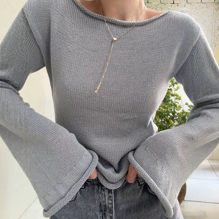 Damen Grobstrick-Pullover mit weitem U-Boot-Ausschnitt & extraweiten Trompetenärmeln Drune