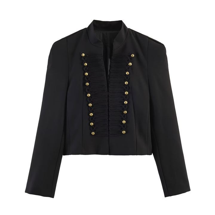 Damen Kurzgeschnittener militärinspirierter Blazer mit Stehkragen und Zierkordel-Front Drune