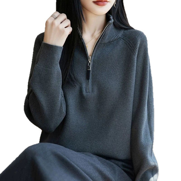 Damen modischer Pullover mit hohem Kragen und Reißverschluss Drune