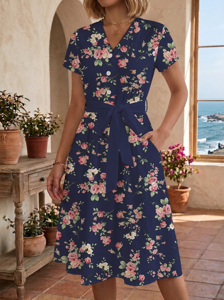 Damen Midikleid mit floralem Muster und Taillengürtel Drune