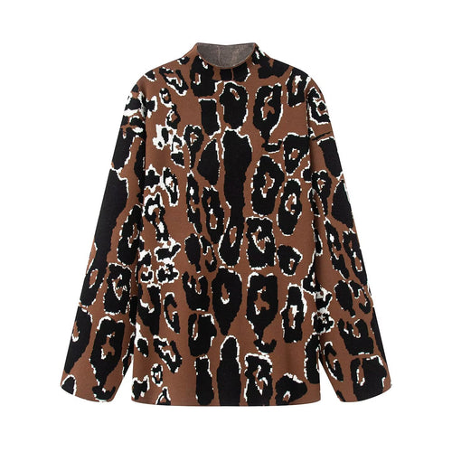 Damen Oversize Strickpullover mit Stehkragen und Jacquard-Leopardenmuster Drune