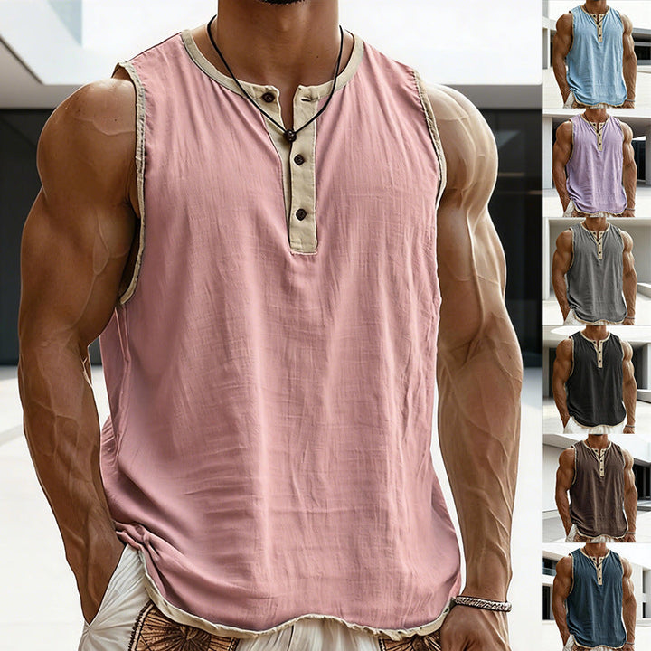 Herren nan ärmelloses Henley-Muskelshirt mit Knopfleiste und kontrastierter Einfassung Drune