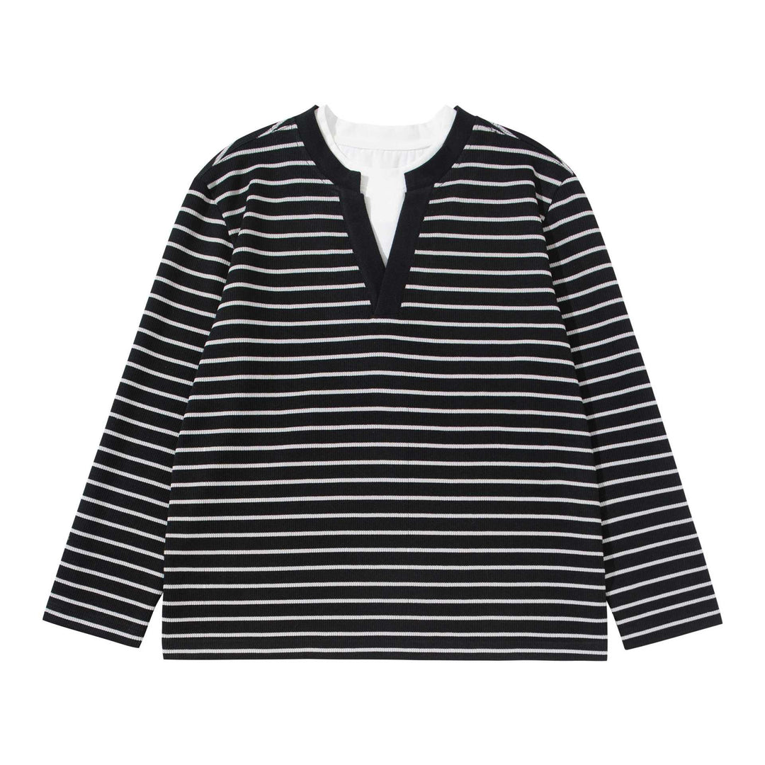 Damen Gestreiftes Strickshirt mit V-Ausschnitt und Lagenlook Drune