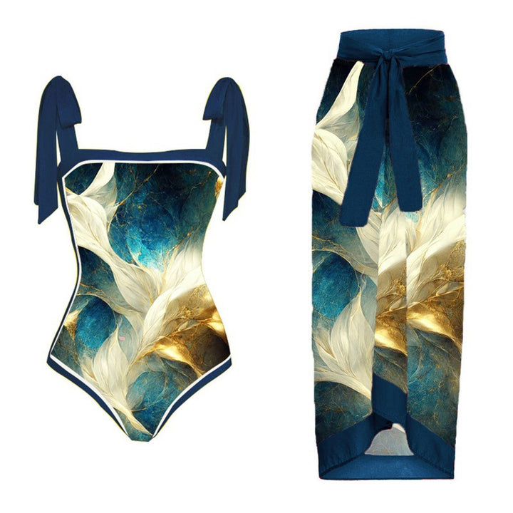 Damen Einteiler Badeanzug mit elegantem Wickelrock und modischen Riemen Drune