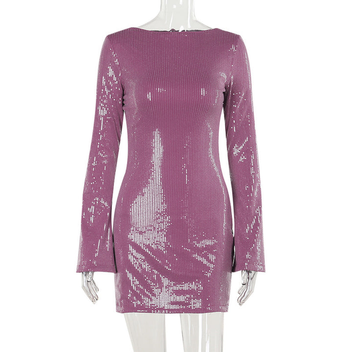 Damen elegantes Minikleid mit funkelnden Pailletten und langen Ärmeln Drune