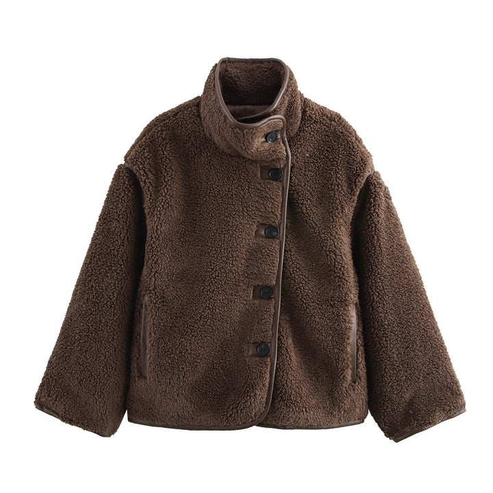 Damen kuschelige Fleecejacke mit hohem Kragen und dekorativen Knopfdetails Drune