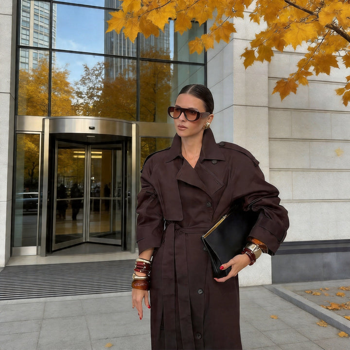 Damen Langer Taillierter Trenchcoat mit Bindegürtel und Doppelreihe Drune