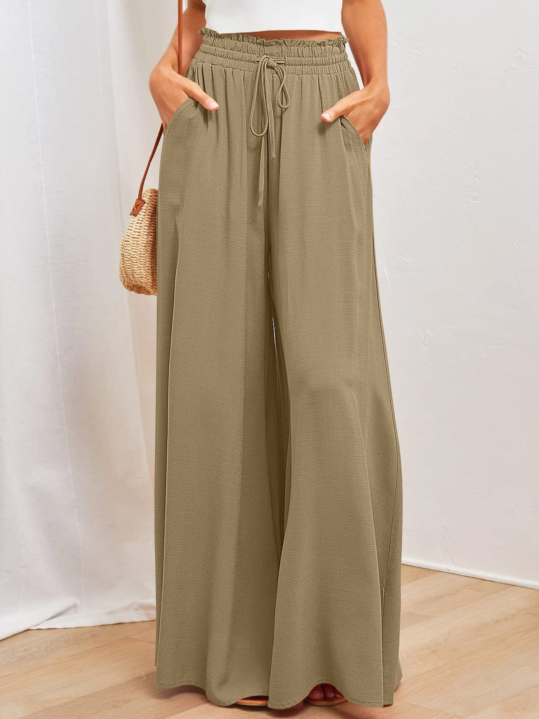 Frauen Hohe Taille Rüschen Elastischer Bund Weite Bein Strand Palazzo Hose mit Zugband und Seitentaschen Drune