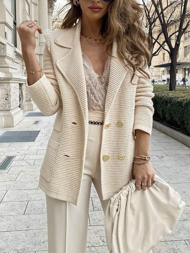 Damen Strukturierter Strick-Blazer mit Reverskragen und Doppelknopfleiste Drune