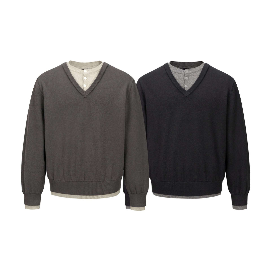 Herren V‑Neck Feinstrickpullover mit integriertem Henley‑Detail und elastischem Bund Drune