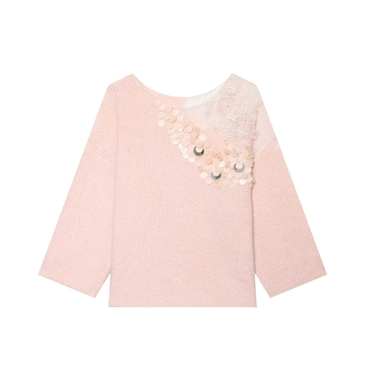 Damen Grobstrick-Pullover mit Rundhalsausschnitt, 3/4-Ärmeln und Pailletten‑Spitzenapplikation Drune