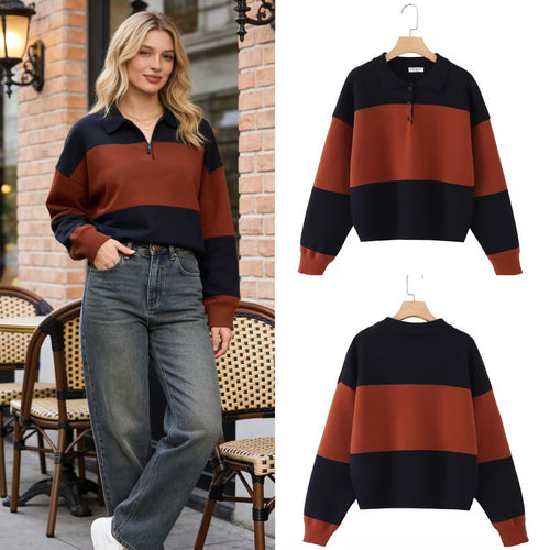Damen Oversize-Polokragen-Pullover mit Blockstreifen Drune