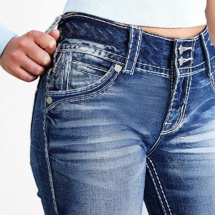 Damen Hochbund-Bootcut-Jeans mit formendem Bund und sichtbarer Knopfleiste Drune