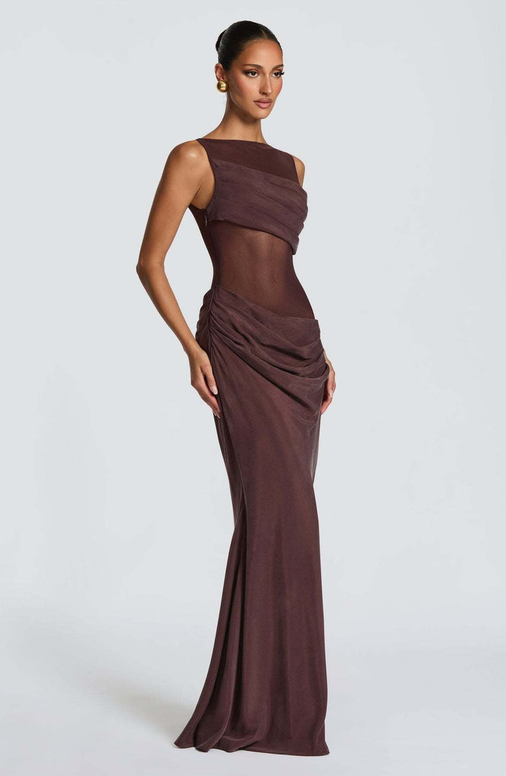 Damen Elegantes Abendkleid mit transparentem Oberteil und raffinierten Rüschen Drune