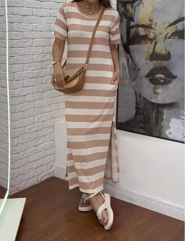 Damen Maxikleid mit klassischen Streifen und seitlichen Schlitzen Drune