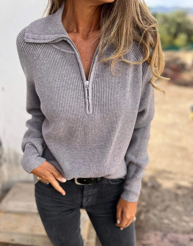Drune Einfarbiger Langarmstrick Reißverschluss Pullover Sweater