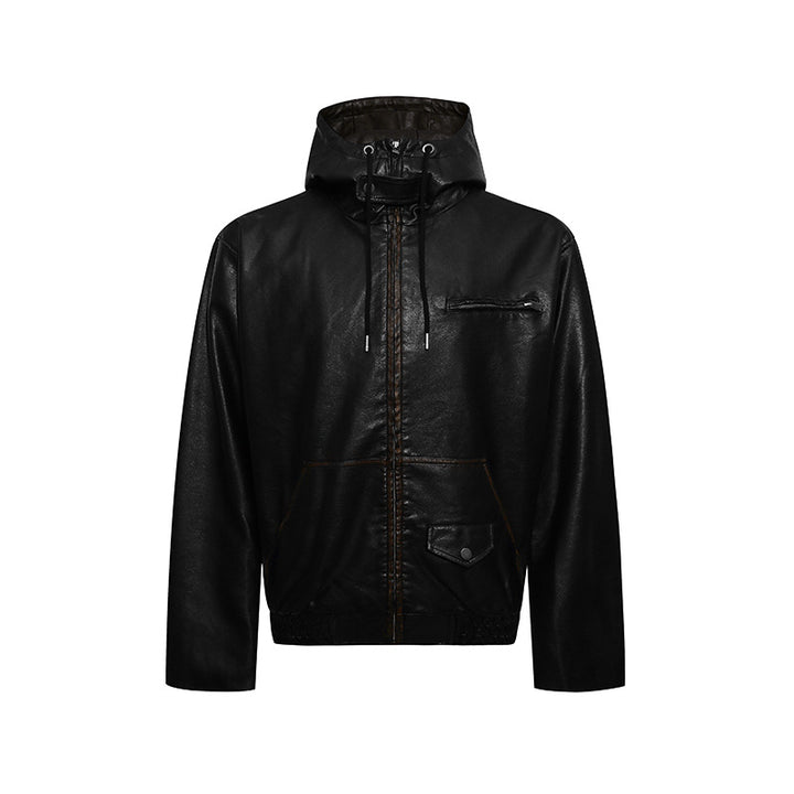 Herren Kapuzen-Lederjacke im Utility-Stil mit Reißverschluss und Kängurutasche Drune