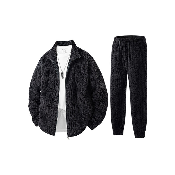 Herren Fleece-Set mit strukturierter Strickoptik, Reißverschlussjacke und Joggerhose Drune